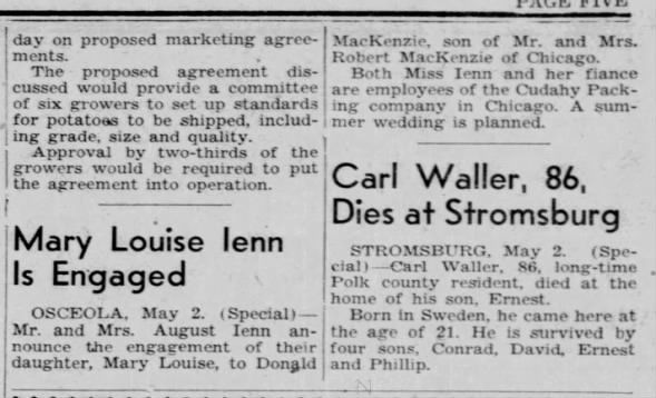 The Columbus Telegram (Columbus, Nebraska) 02 may 1950; page 5 Wedding announcement of Mary Louise Lenn and Donald MacKenzie